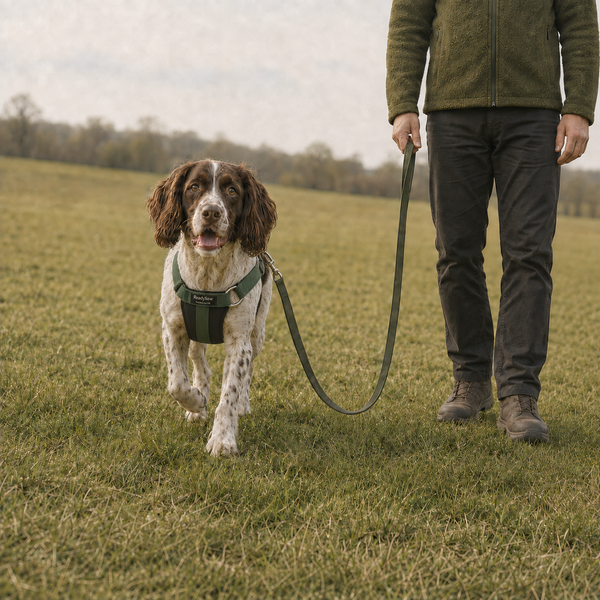 Dog practising recall on a long training line attached to a green ReadySew harness