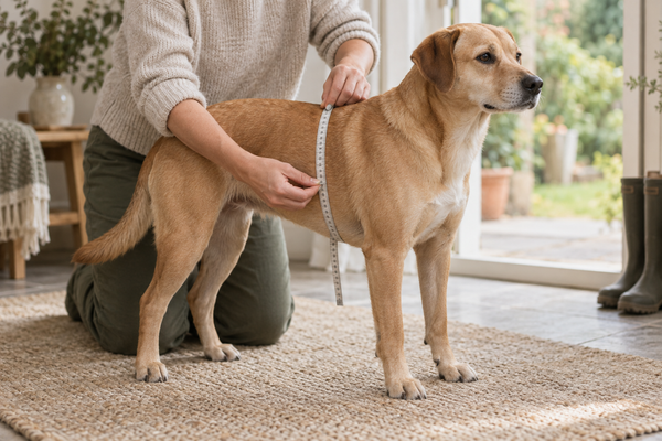 Person measuring a dog's chest girth with a soft tape measure to choose the correct harness size.