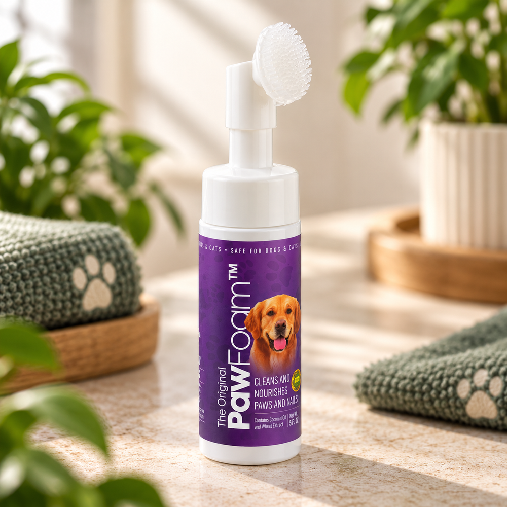 The Original PawFoam paw-cleaning foam bottle with silicone brush applicator