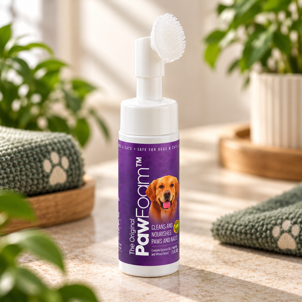 The Original PawFoam paw-cleaning foam bottle with silicone brush applicator