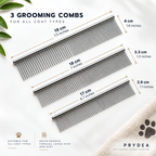 Pet Grooming Set — three grooming combs with dimensions, for different coat lengths