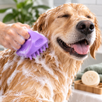 Dog being bathed with the Pet Grooming Set massage brush and shampoo bar