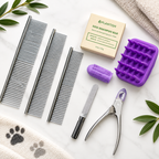 Prydea Pet Grooming Set — full contents: three combs, nail clipper, nail file, finger toothbrush, massage brush and Plantish shampoo bar