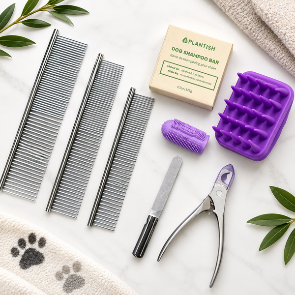 Prydea Pet Grooming Set — full contents: three combs, nail clipper, nail file, finger toothbrush, massage brush and Plantish shampoo bar